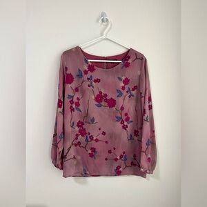 Women's Pink Purple Flowy Floral Blouse Long Sleeve Loose Top Lagenlook Size M